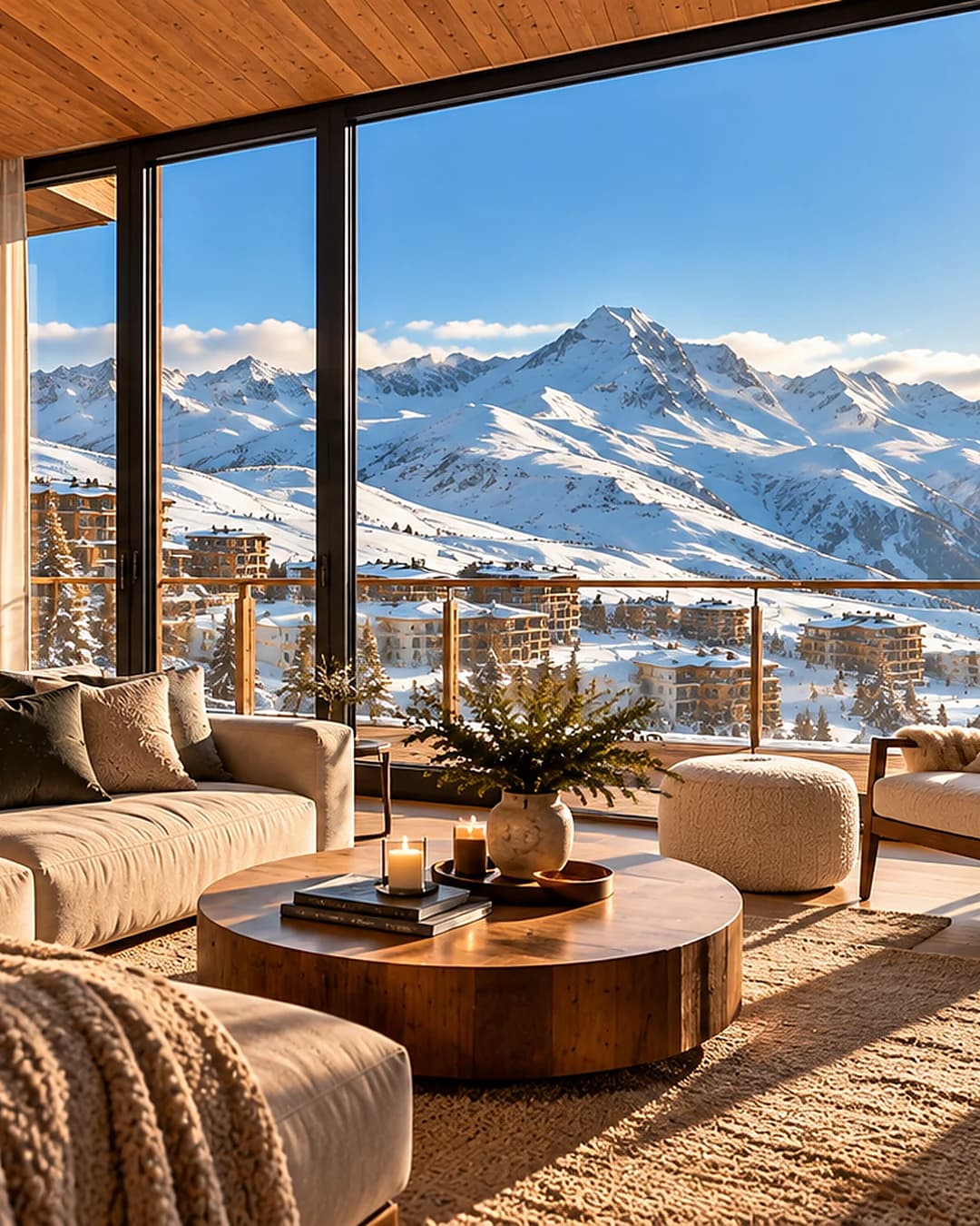 Bright living room with floor-to-ceiling windows and mountain views