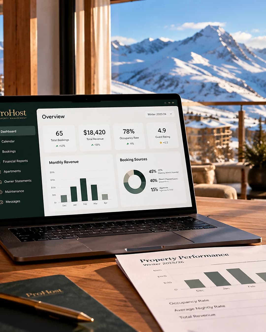 Laptop and documents on a desk with a mountain view